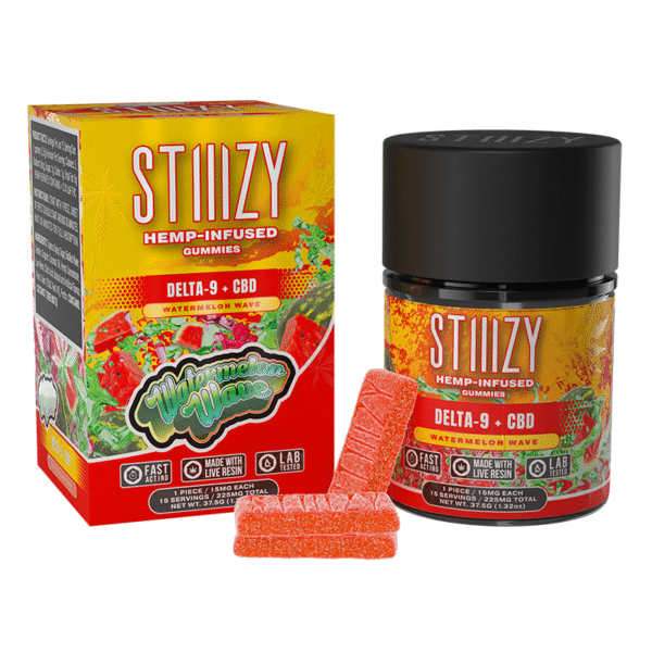 STIIIZY HEMP INFUSED GUMMY 225MG DELTA 9 CBD WATERMELON WAVE 15CT JAR-BOX OF 10 JAR