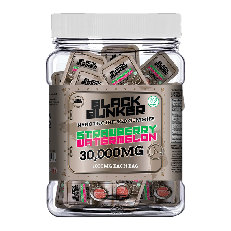 BLACK BUNKER NANO THC INFUSED GUMMIES 1000MG STRAWBERRY WATERMELON - BOX OF 30