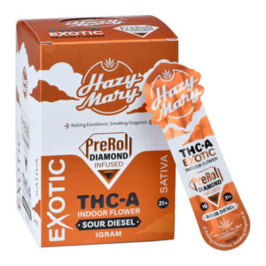 HAZY MARY THC-A EXOTIC DIAMOND INFUSED PRE ROLLS 1GM SOUR DIESEL (SATIVA) -BOX OF 40