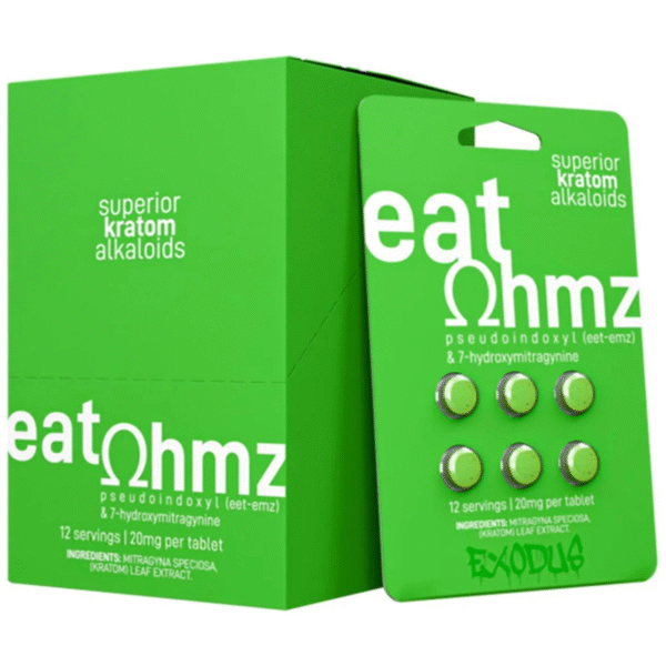 EXODUS EAT OHMZ PSEUDOINDOXYL & 7-HYDROXYMITRAGYNINE CHEWABLE TABLETS GREEN 20MG 6CT - BOX OF 6 PACKS