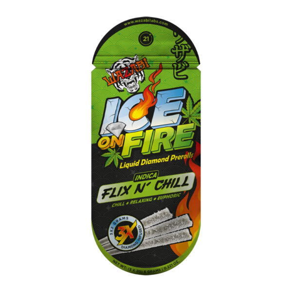 WAZABI ICE ON FIRE LIQUID DIAMOND PREROLLS FIX N CHILL INDICA 2GM 3 PACK- BOX OF 5