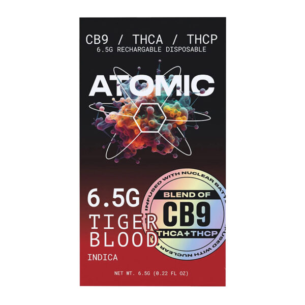 ATOMIC CB9 THCA THCP 6.5G RECHARGEABLE DISPOSABLE TIGER BLOOD INDICA - BOX OF 6