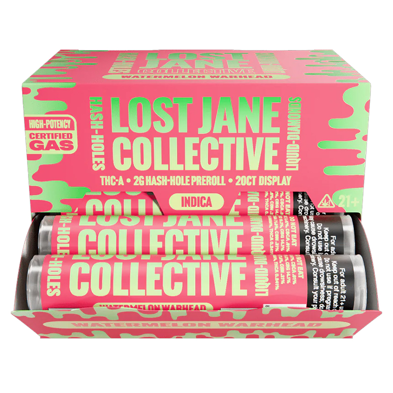 LOST JANE COLLECTIVE THCA 2G HASH HOLE PREROLL INDICA WATERMELON WARHEAD - BOX OF 20