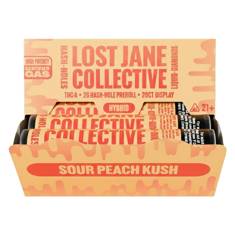 LOST JANE COLLECTIVE THCA 2G HASH HOLE PREROLL HYBRID SOUR PEACH KUSH - BOX OF 20