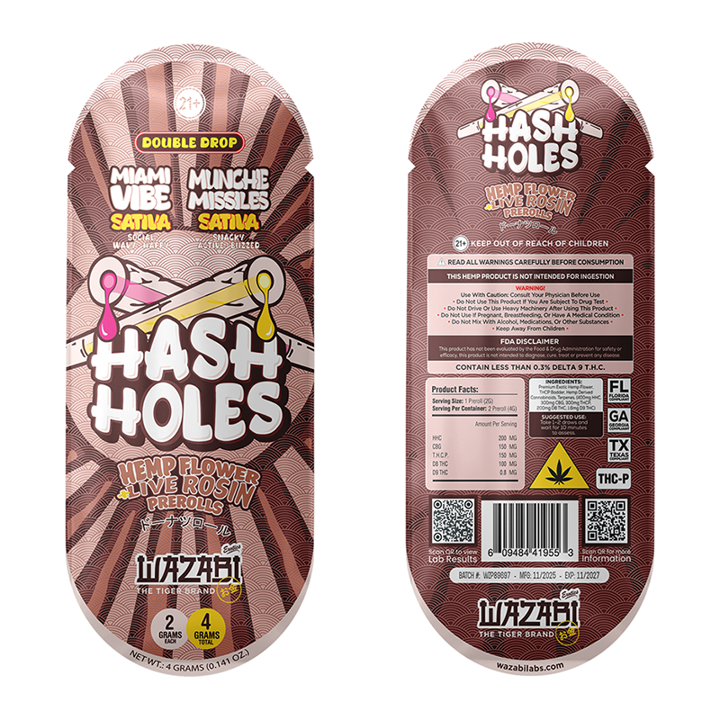 WAZABI EXOTICS HASH HOLES THC-P 2X2 GRAMS PREROLLS MUNCHIE MISSLES + MIAMI VIBE (INDICA) - BOX OF 10