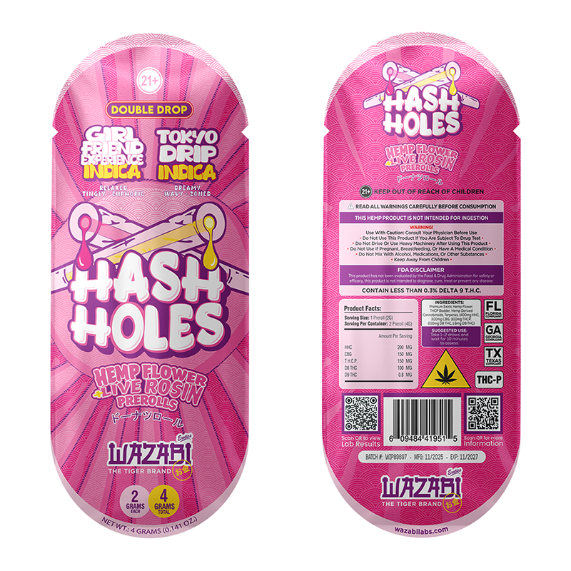 WAZABI EXOTICS HASH HOLES THC-P 2X2 GRAMS PREROLLS TOKYO DRIP + GIRLFRIEND EXPERIENCE (INDICA) - BOX OF 10