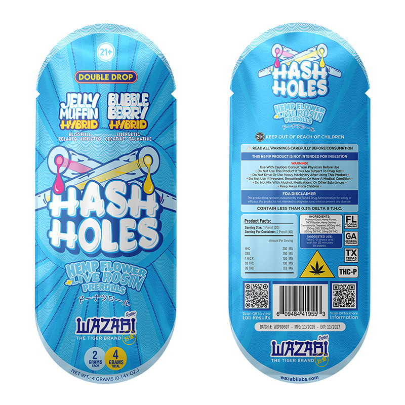 WAZABI EXOTICS HASH HOLES THC-P 2X2 GRAMS PREROLLS JELLY MUFFIN + BUBBLEBERRY (HYBRID) - BOX OF 10