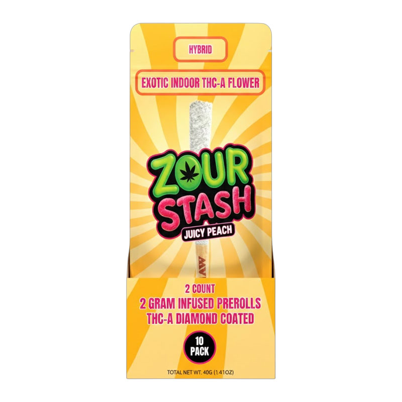 ZOUR STASH DIAMOND COATED PREROLLS 2G JUICY PEACH (HYBRID) - BOX OF 10