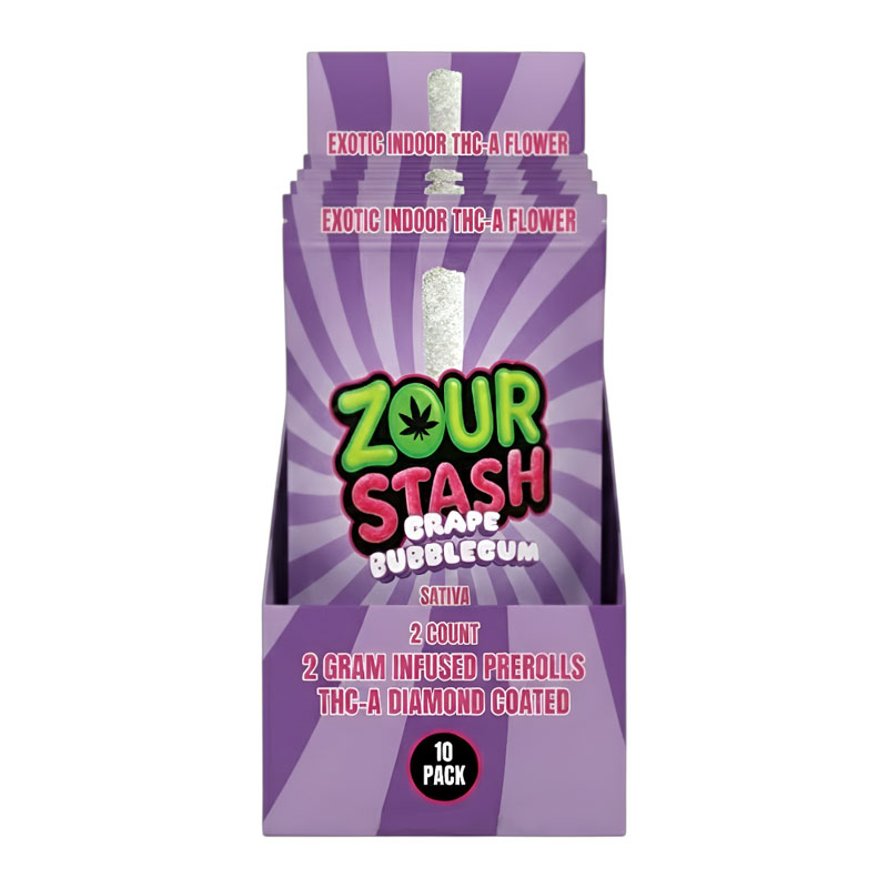 ZOUR STASH DIAMOND COATED PREROLLS 2G GRAPE BUBBLEGUM (SATIVA) - BOX OF 10