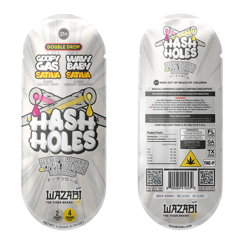 WAZABI EXOTICS HASH HOLES THC-P 2X2 GRAMS PREROLLS GOOFY GAS + WAVY BABY (SATIVA) - BOX OF 10