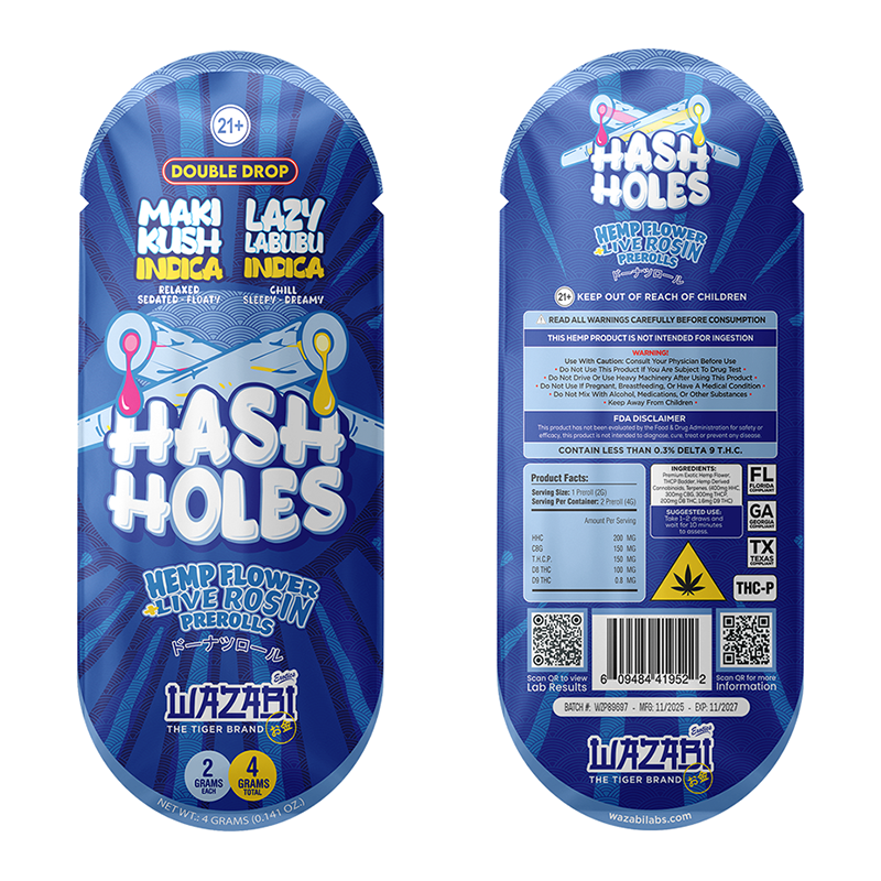 WAZABI EXOTICS HASH HOLES THC-P 2X2 GRAMS PREROLLS MAKI KUSH + LAZY LABUBU (SATIVA) - BOX OF 10